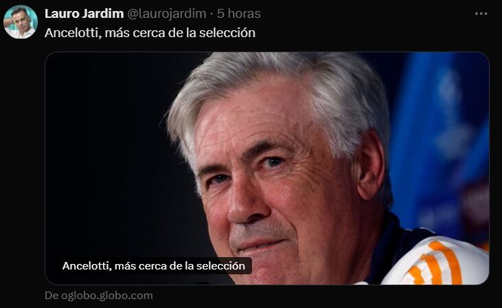 El periodista Lauro Jardim, de Globo, adelantó la llegada de Carlo Ancelotti a Brasil. (Captura)