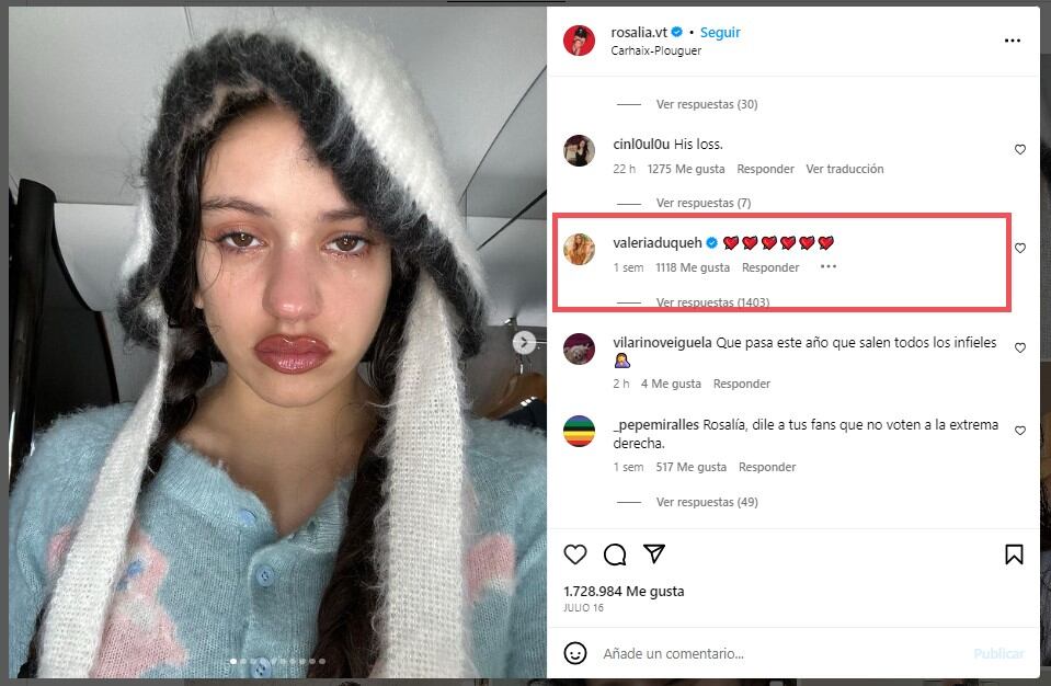 Rosalía subió una fotografía llorando y Valeria Duque la comentó (Foto: Rosalía / Instagram)
