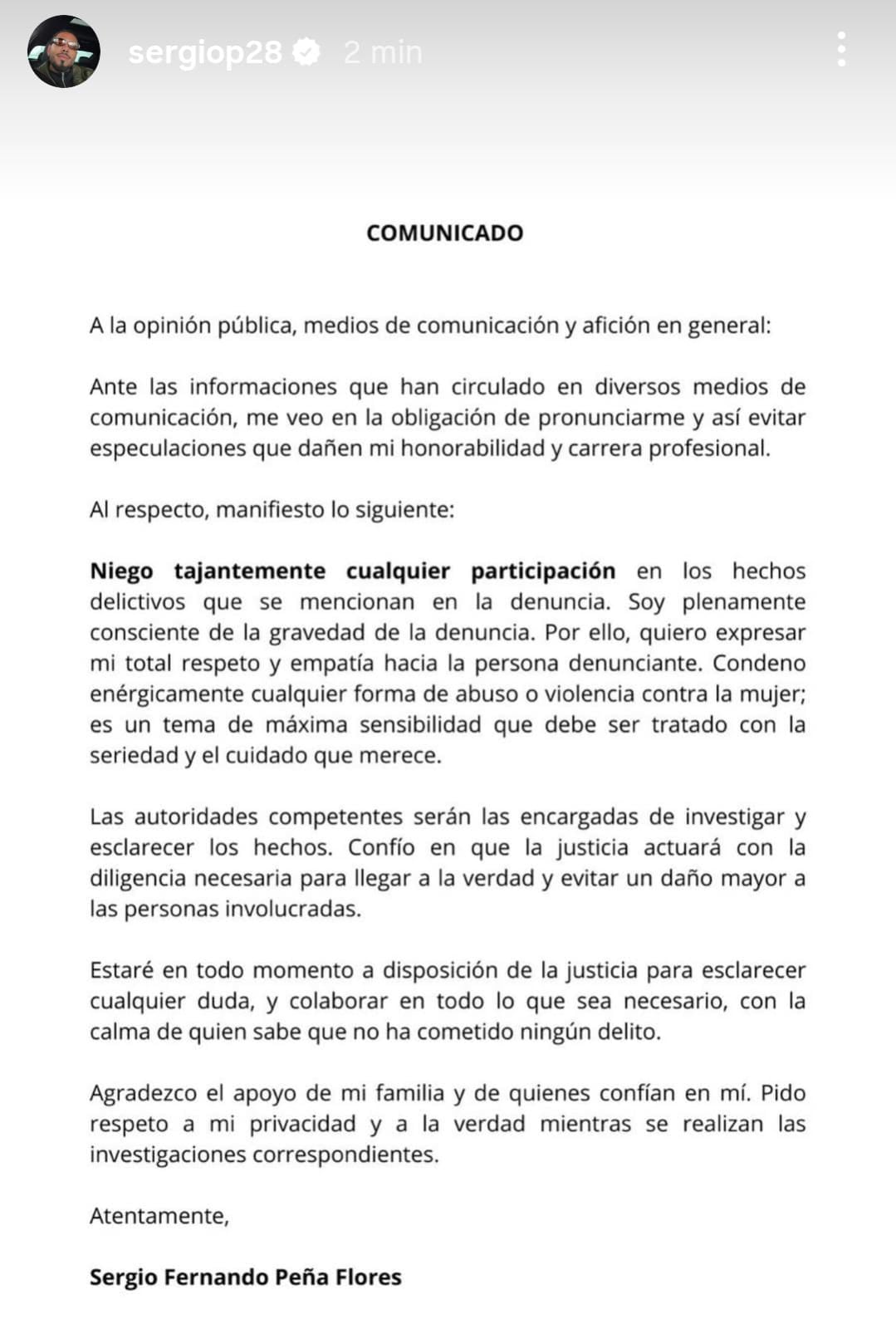 Comunicado oficial de Sergio Peña ante acusación de abuso sexual contra una mujer en Uruguay | Foto: IG