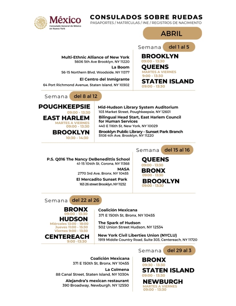 Dates, hours, and locations of the Mexican Consulate on Wheels in New York. | Photo by consulmex.sre.gob.mx