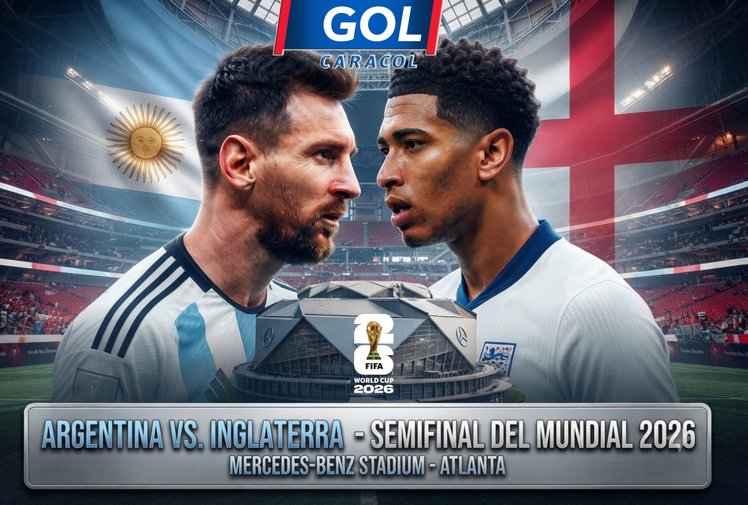 ATLANTA, GEORGIA, (ESTADOS UNIDOS), 15/07/2026.- GOL Caracol te llevará EN VIVO el partido de Argentina vs. Inglaterra hoy miércoles 15 de julio por la semifinal del Mundial 2026 desde Mercedes-Benz Stadium, Atlanta, Georgia, Estados Unidos. FOTO: Imagen creada por Gemini.