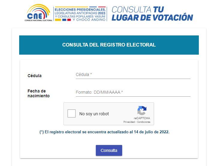 Vista del sitio web del CNE donde podrás consultar tu registro electoral y tu lugar de votación. | Crédito: cne.gob.ec