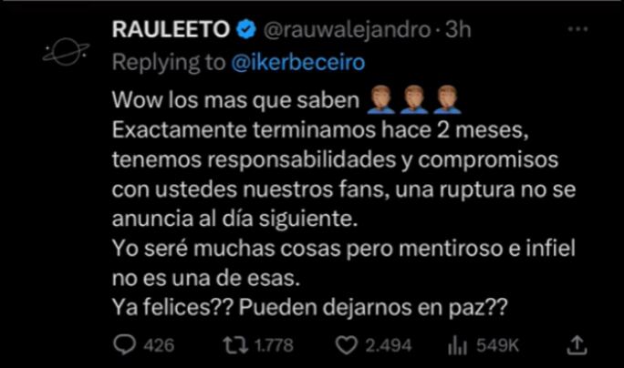 El cantante explotó contra usuarios que cuestionaron su separación de Rosalía (Foto: Rauw Alejandro / Twitter)