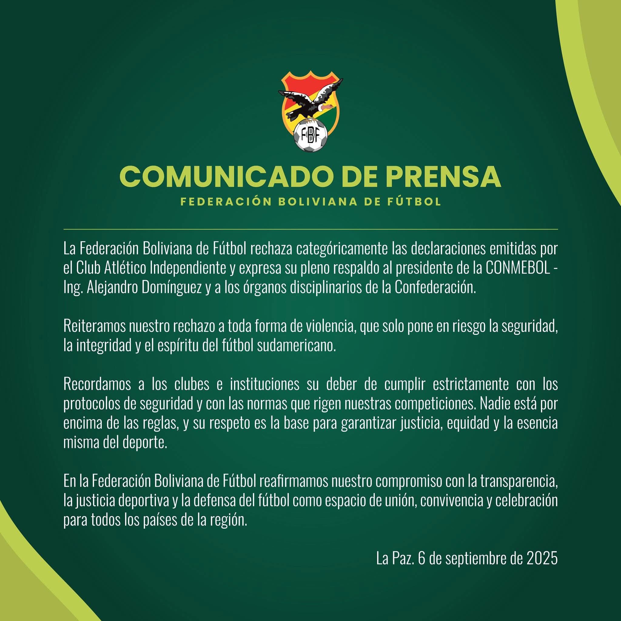Comunicado de la Federación de Bolivia rechazando la postura de Independiente. (Foto: FBF)