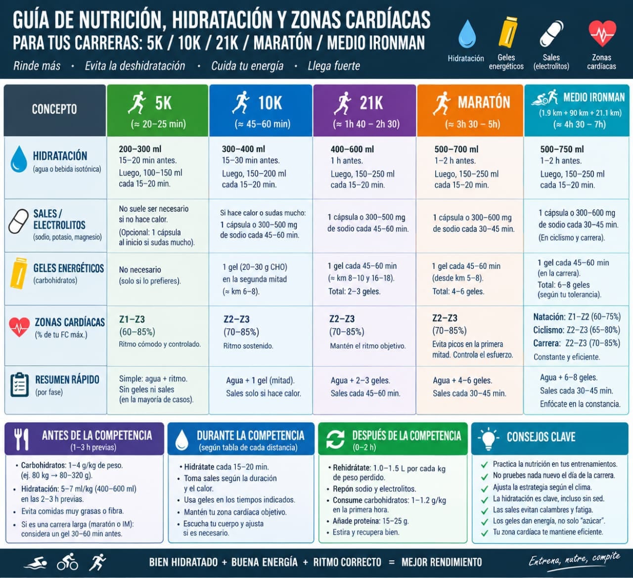 Guía de nutrición, hidratación y zonas cardíacas para carreras de 5K, 10K, 21K, maratón y medio Ironman.