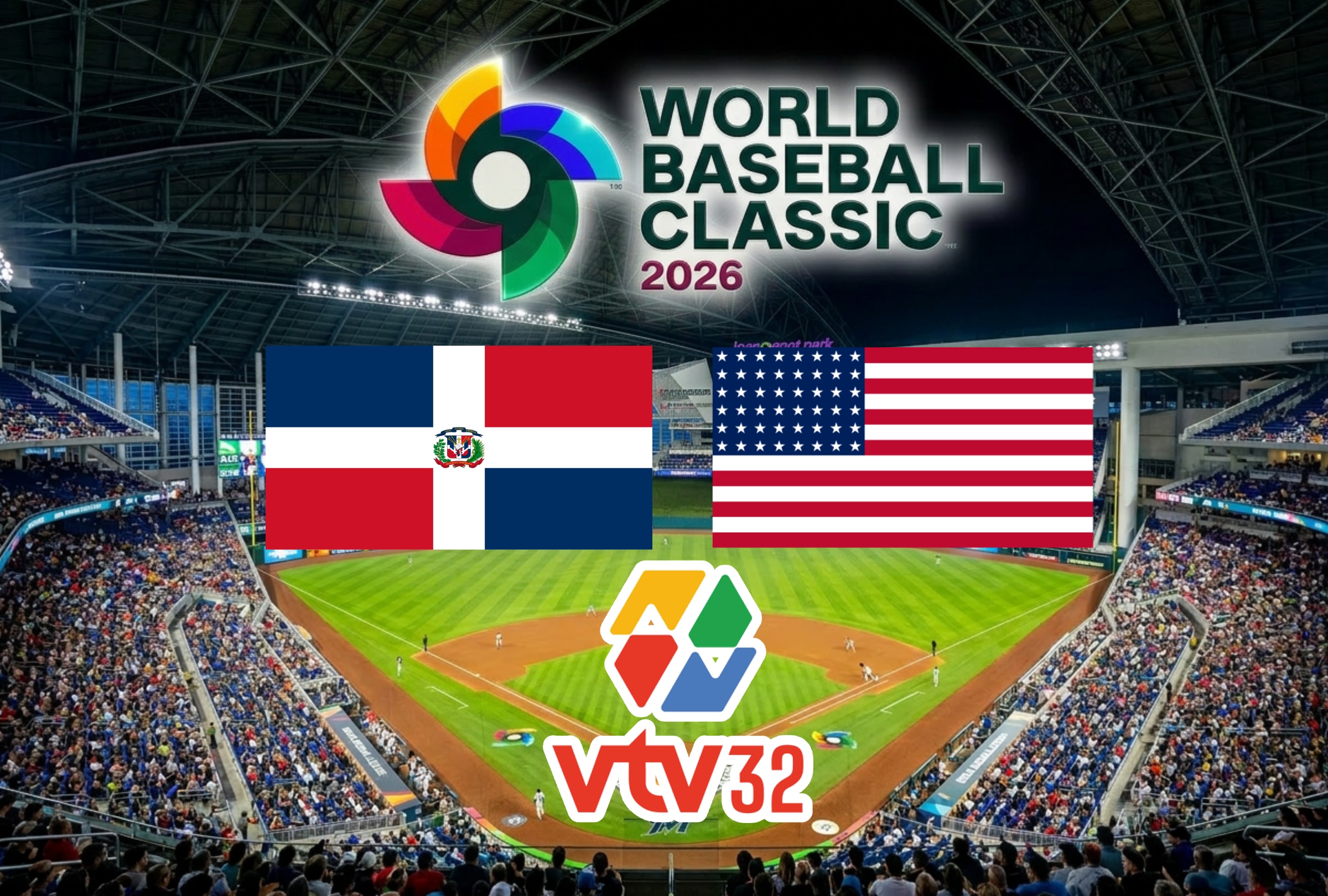 MIAMI, FLORIDA (ESTADOS UNIDOS), 15/03/2026.- Cobertura oficial de VTV Canal 32 EN VIVO GRATIS para ver el juego entre República Dominicana y Estados Unidos este domingo 15 de marzo por la semifinal del Clásico Mundial de Béisbol 2026 desde Miami, Florida. FOTO CREADA POR NOÉ YACTAYO CON PERPLEXITY AI PARA DEPOR.COM