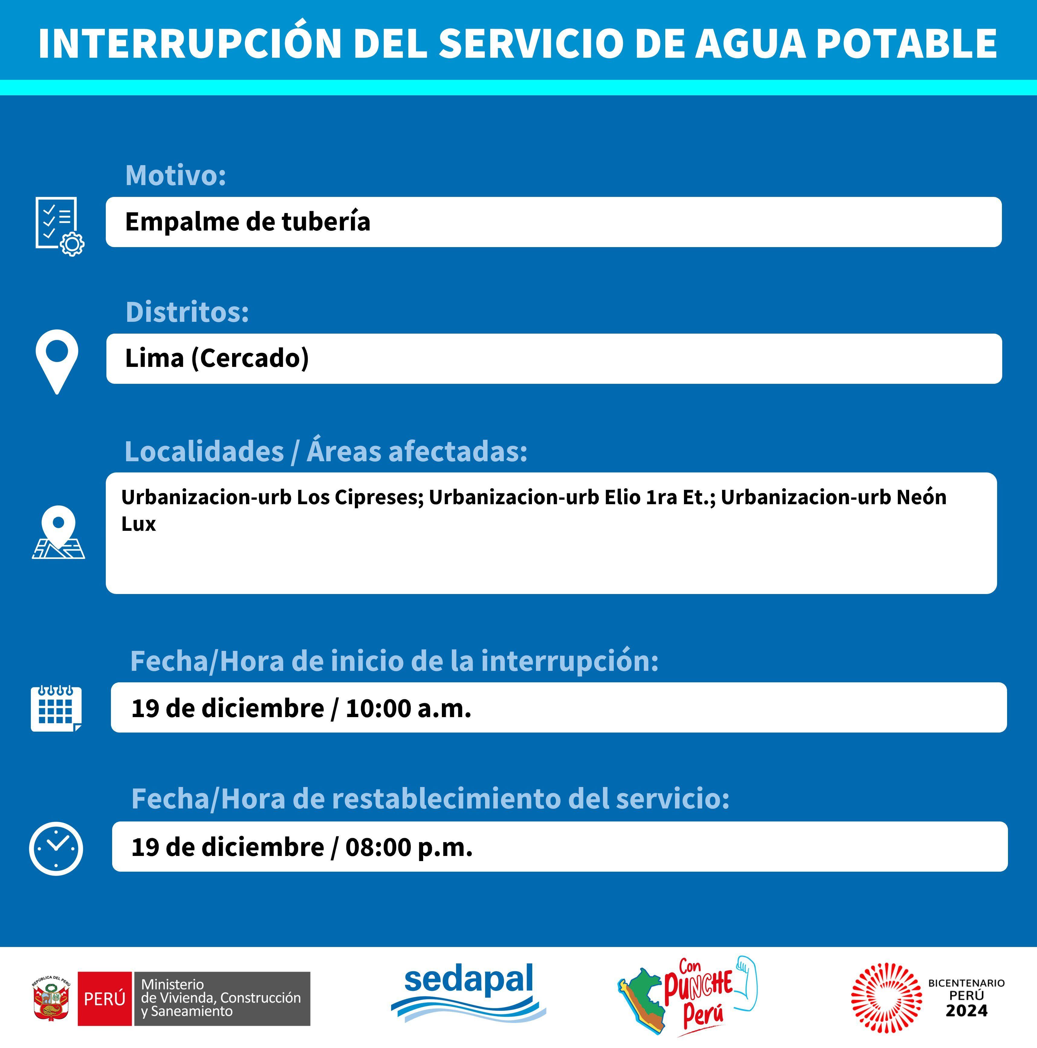 Sedapal informó qué distritos no tendrán agua este martes 19 de diciembre. (Foto: Twitter)