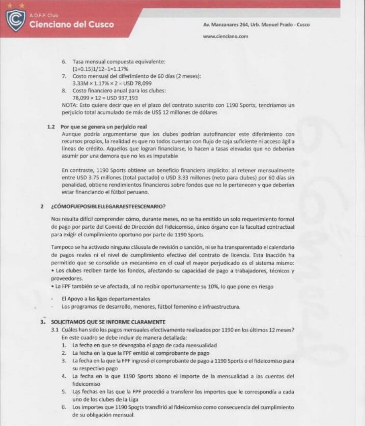 El documento de Cienciano enviado a la FPF. (Imagen: Difusión)