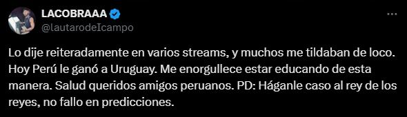 La respuesta de La Cobra tras predecir el triunfo de Perú sobre Uruguay. (Captura: X)