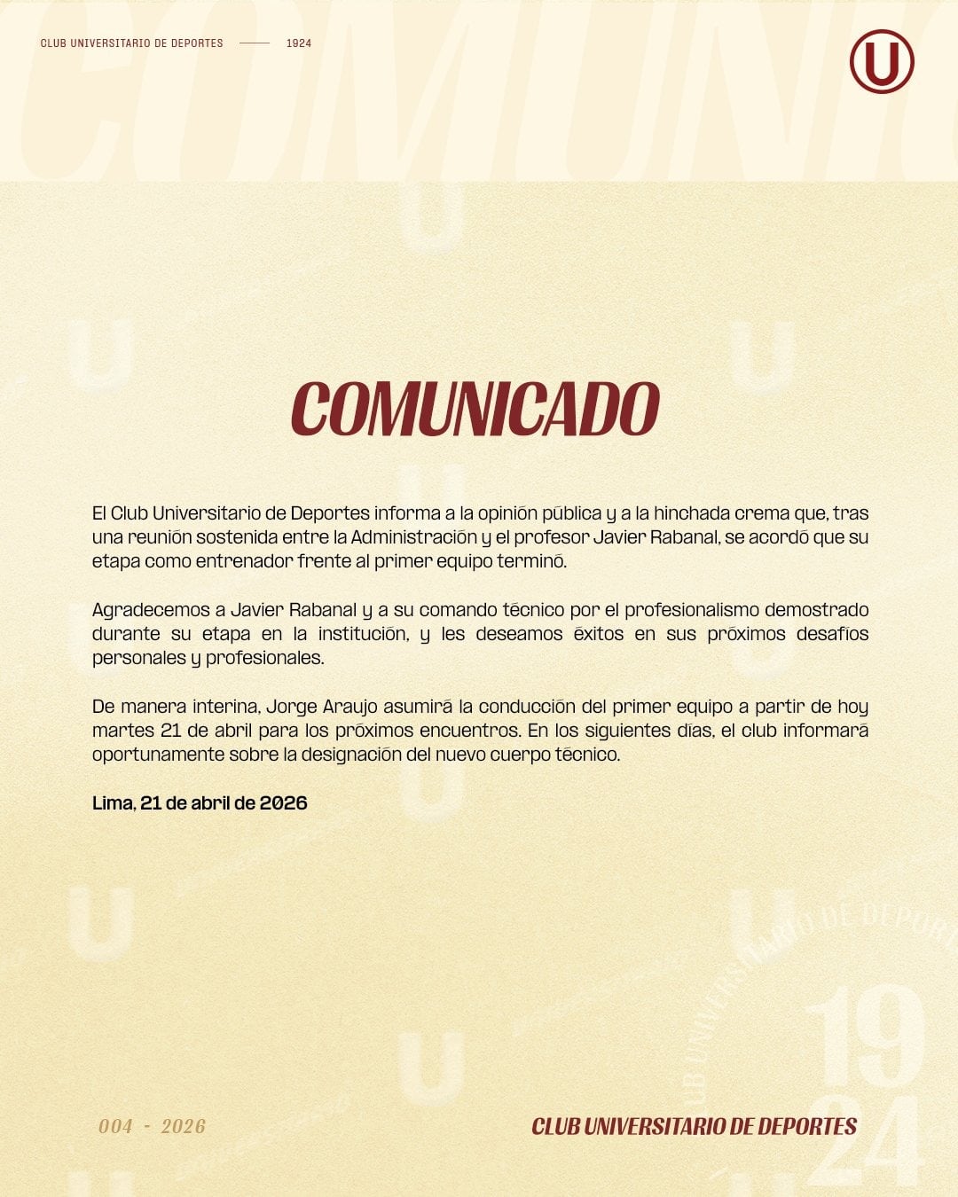 El comunicado oficial de Universitario sobre la salida de Javier Rabanal. (Imagen: Universitario)