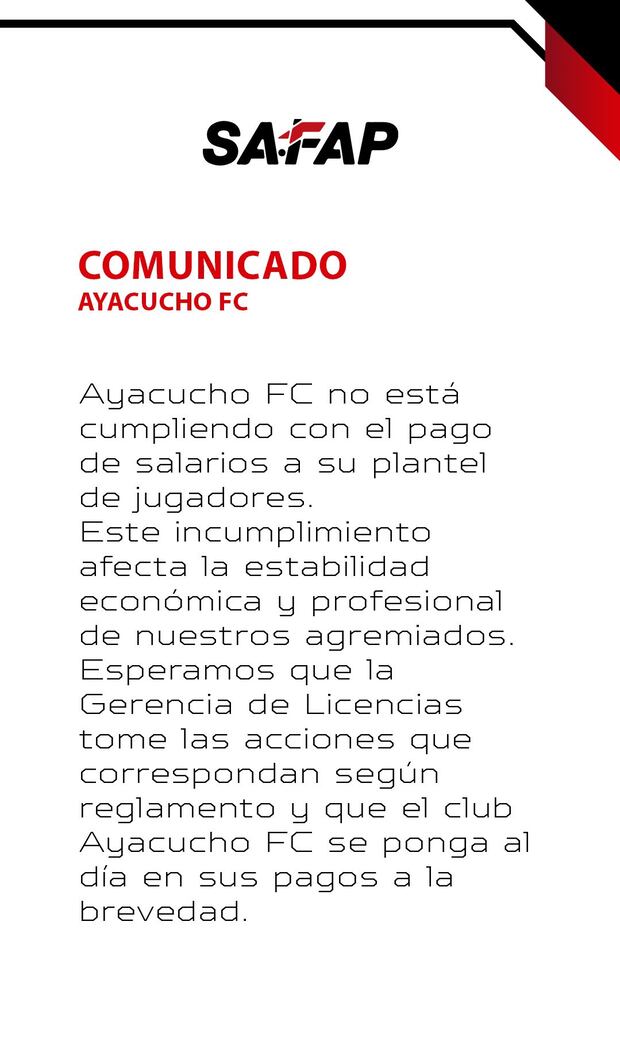 Comunicado de SAFAP sobre Ayacucho FC (Foto: @SafapPeru).
