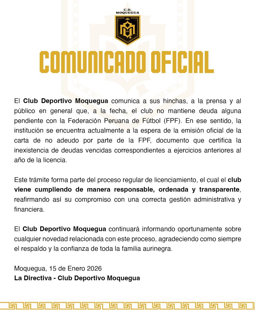 Comunicado de CD Moquegua con respecto a la licencia suspendida | Foto: CD Moquegua