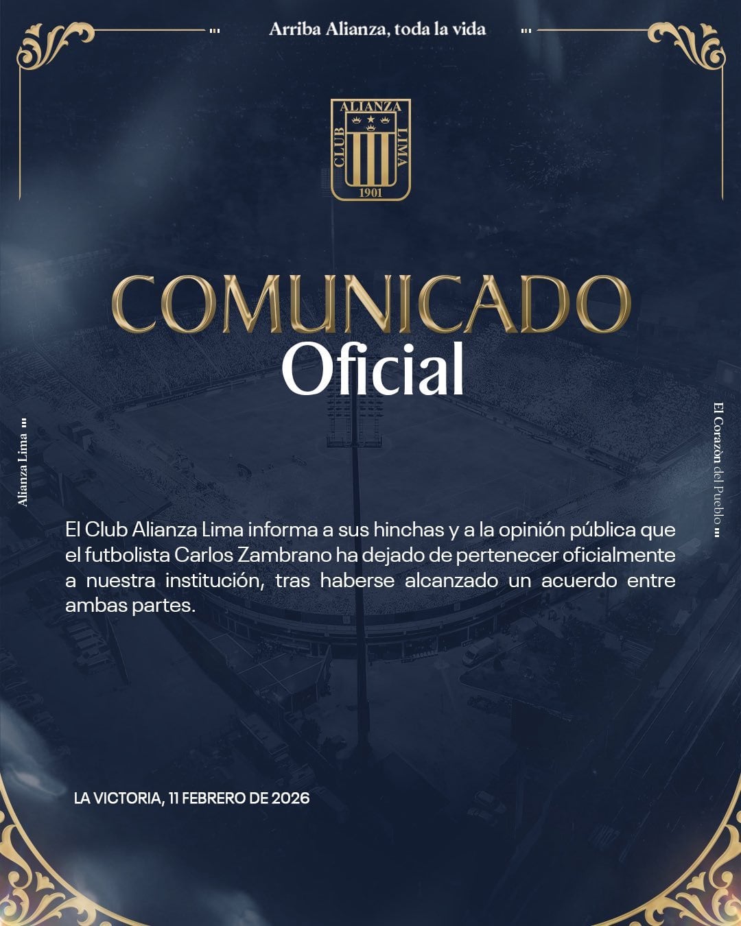 Alianza Lima confirmó la salida de Carlos Zambrano. (Imagen: Alianza Lima)
