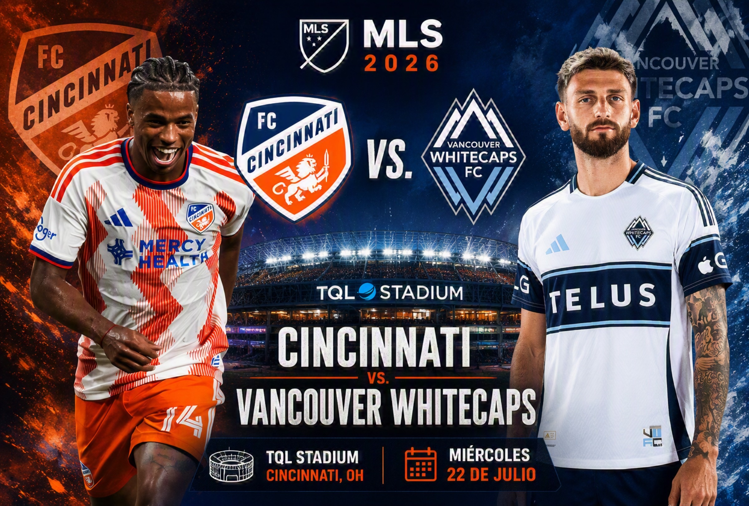 CINCINNATI, OHIO, (ESTADOS UNIDOS) 22/07/2026. Canales y horarios para ver el partido entre Cincinnati vs. Vancouver Whitecaps por la MLS que se realizará en el TQL Stadium, Cincinnati, Ohio, Estados Unidos. FOTO: Imagen creada por Microsoft Copilot.