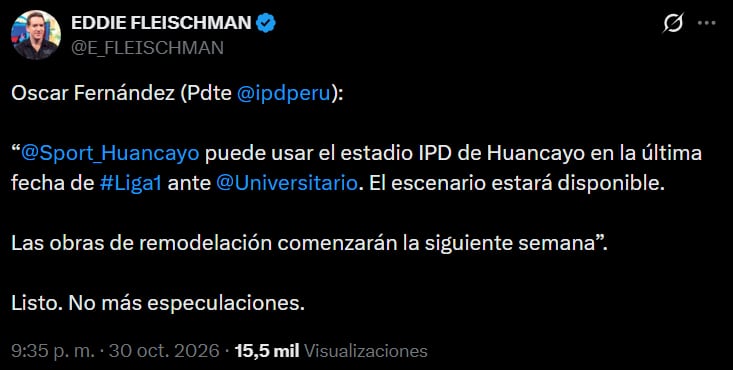 Presidente del IPD confirmó que se utilizará el Estadio de Huancayo para dicho partido. (Foto: Captura X)
