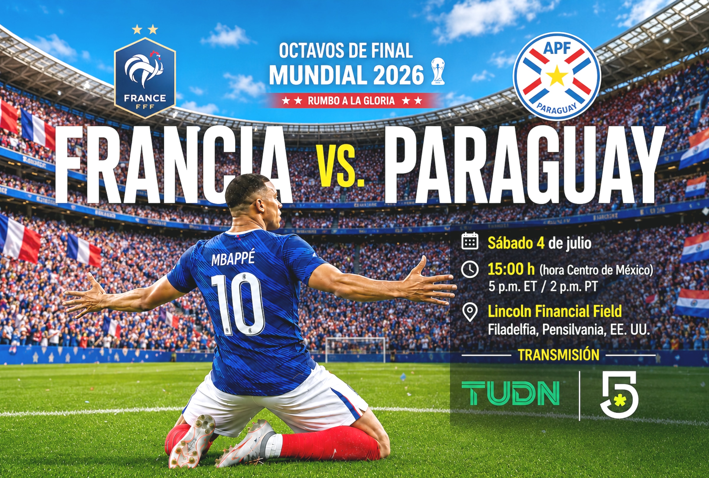 FILADELFIA, PENSILVANIA (ESTADOS UNIDOS), 04/07/2026.- Cobertura oficial de TUDN (CANAL 5) EN VIVO GRATIS para ver el partido Paraguay vs. Francia hoy por los octavos de final del Mundial 2026 en el Estadio Lincoln Financial Field de Filadelfia, Pensilvania. FOTOS DE NOÉ YACTAYO