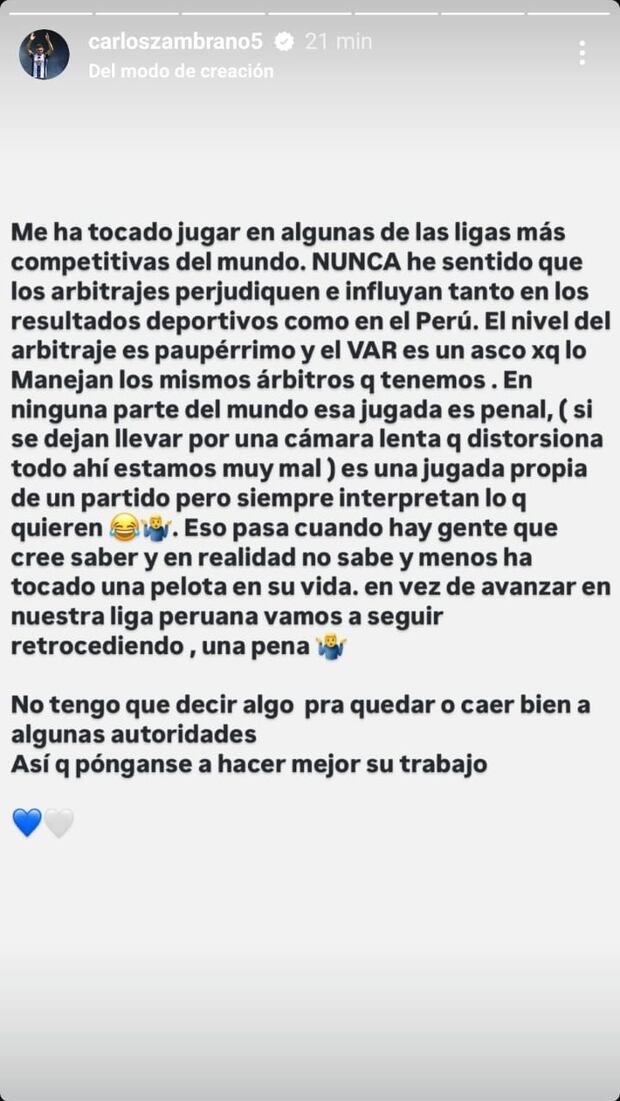 Carlos Zambrano y su publicación tras el Alianza Lima vs. Atlético Grau. (Captura)
