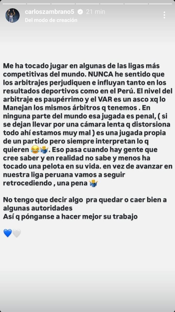 Carlos Zambrano y su publicación tras el Alianza Lima vs. Atlético Grau. (Captura)