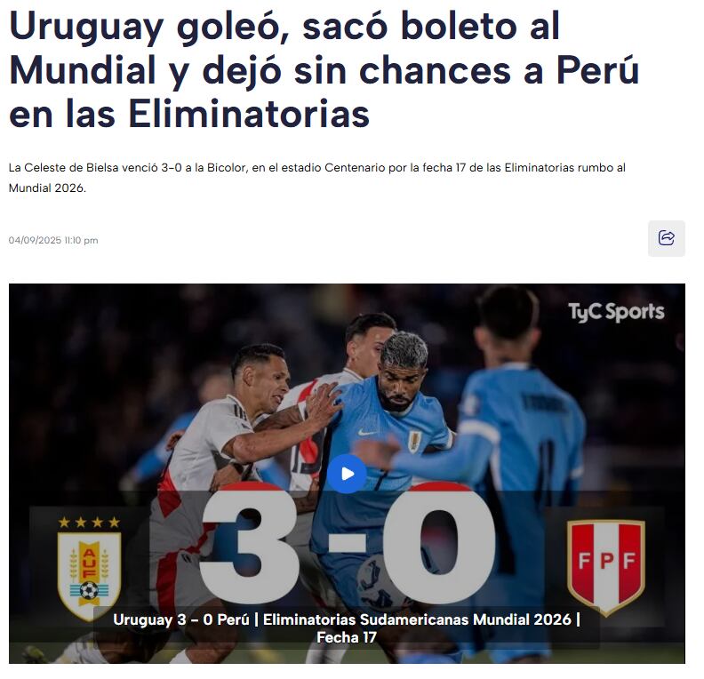 TyC Sports también informó sobre la eliminación de Perú.