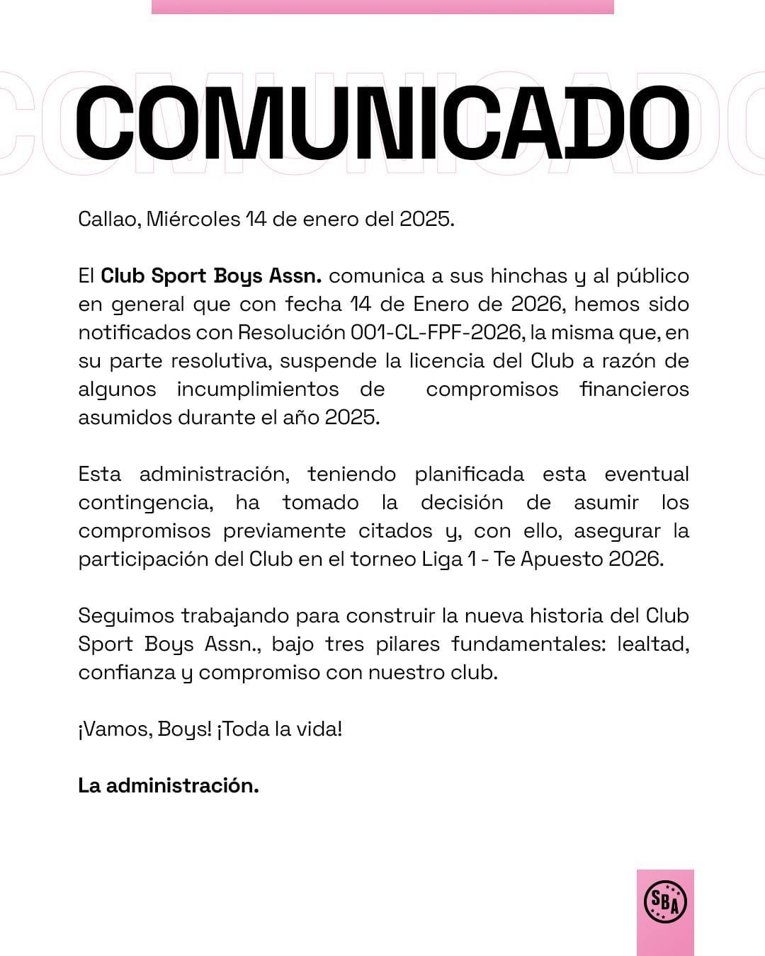 Comunicado de Sport Boys sobre su licencia suspendida. (Imagen: Sport Boys)