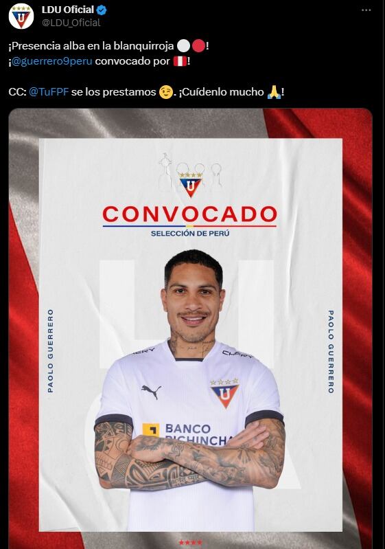 El pedido de LDU a la Selección Peruana por Paolo Guerrero. (Captura: Twitter)