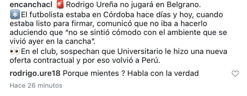 La respuesta de Rodrigo Ureña en Instagram a la publicación del periodista César Luis Merlo en conjunto con el medio chileno En Cancha.
