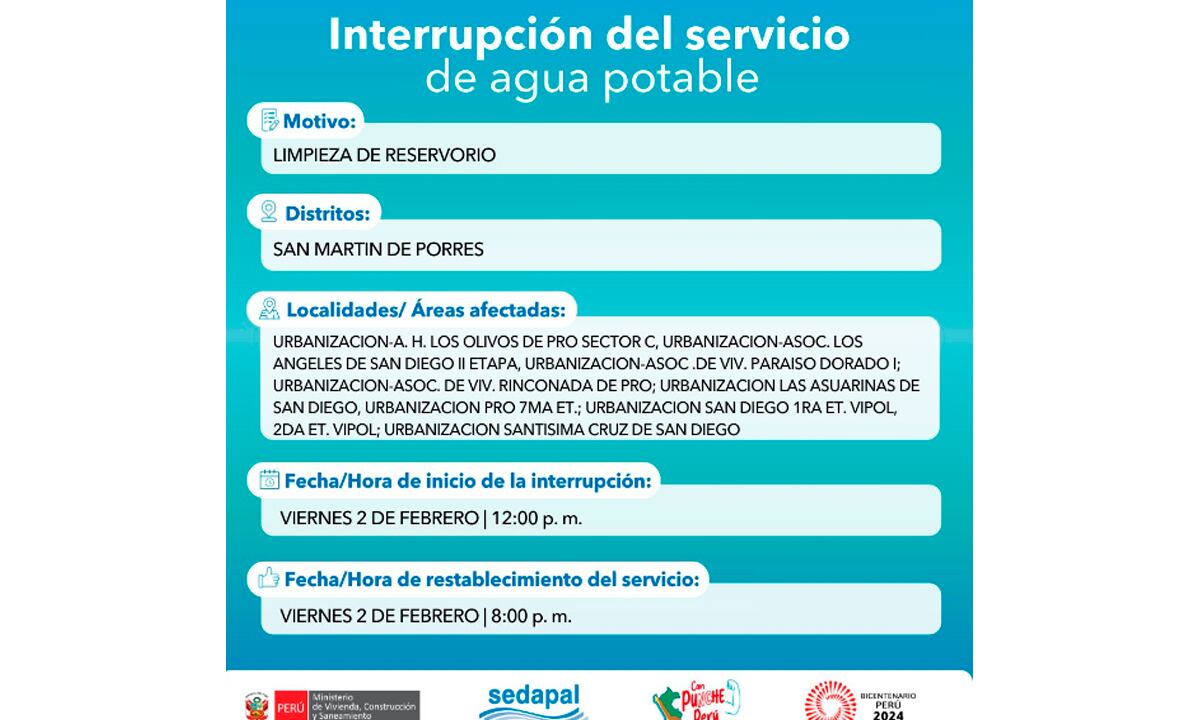 Sedapal informó qué distritos no tendrán agua este viernes 2 de febrero. (Foto: Twitter)