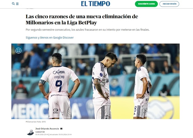La prensa colombiana reaccionó a la eliminación de Millonarios y apuntó a Fabián Bustos. (Foto: Captura)