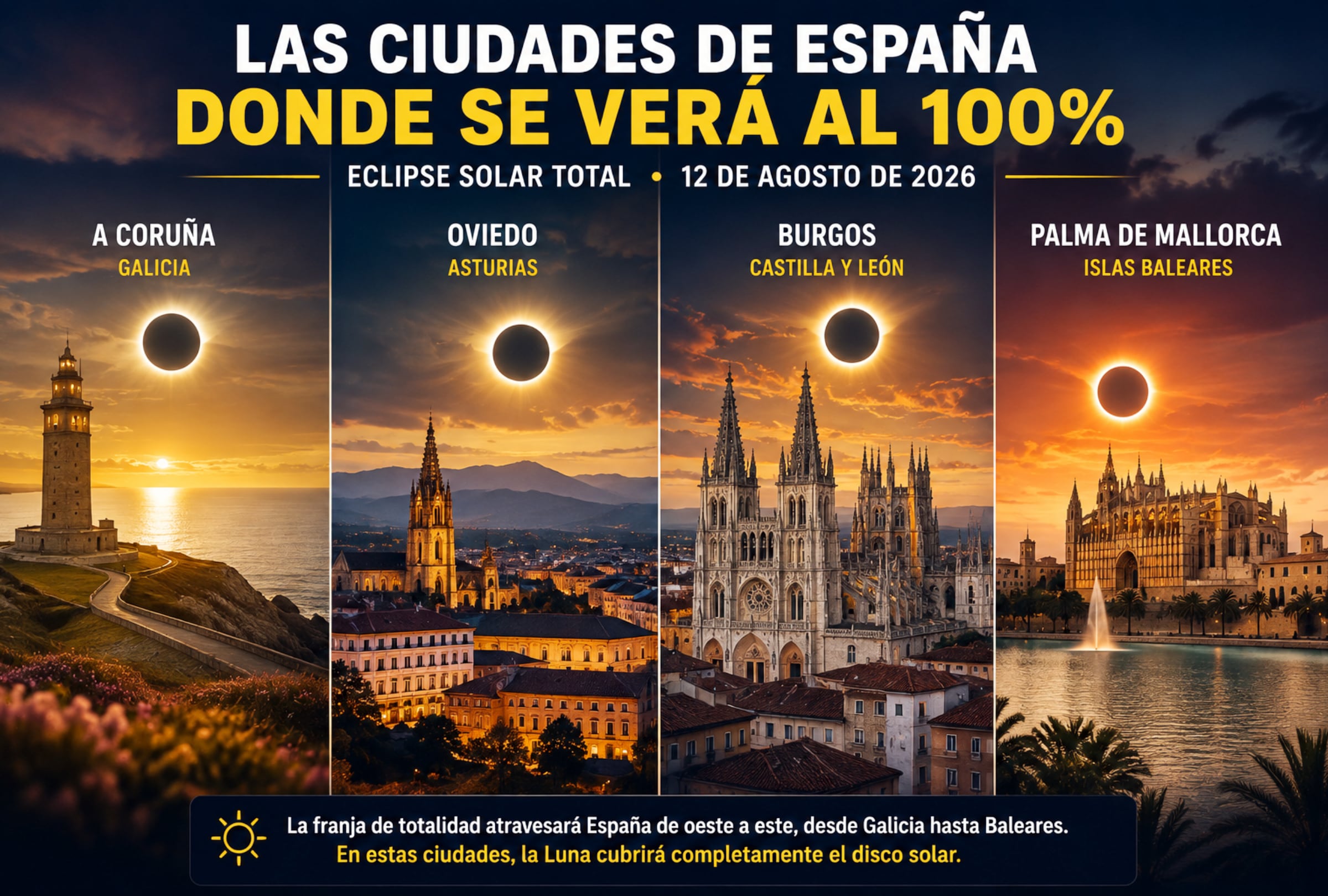 MADRID (ESPAÑA), 12/08/2026.- A Coruña, Oviedo, Burgos y Palma de Mallorca son algunas de las ciudades españolas situadas dentro de la franja de totalidad del eclipse solar del 12 de agosto de 2026, donde la Luna llegará a cubrir completamente el disco solar durante la fase total. FOTO DE NOÉ YACTAYO