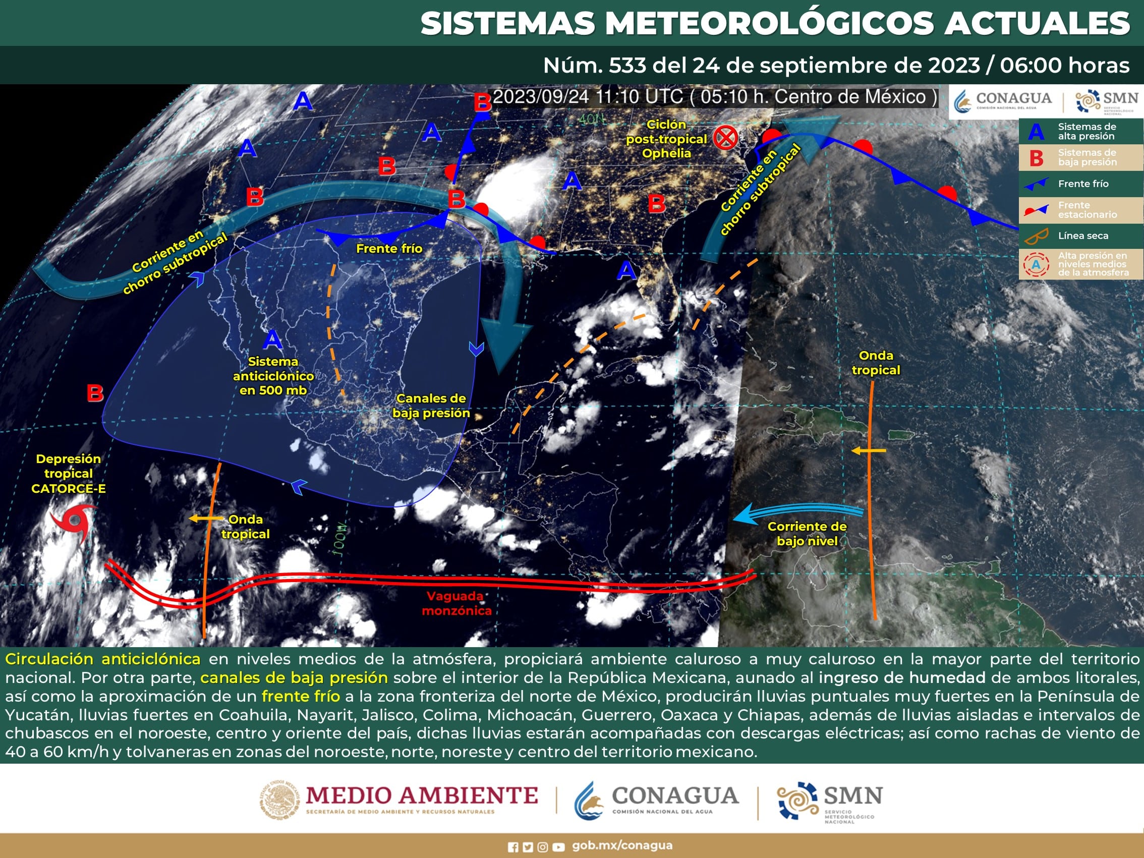 La Comisión Nacional del Agua a través del Servicio Meteorológico Nacional, continuará informando del desarrollo de estos fenómenos a través de la cuenta de Twitter @conagua_clima, así como los sitios de internet https://smn.conagua.gob.mx y www.conagua.gob.mx. | Crédito: Conagua Clima