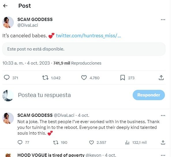 Laci Mosley usó su cuenta de Twitter para informar de la cancelación (Diva Laci/Twitter)