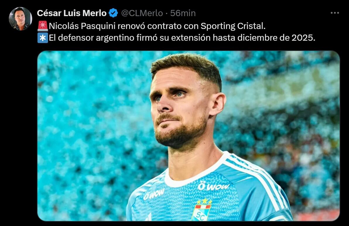 César Luis Merlo confirmó que Nicolás Pasquini y Sporting Cristal ampliaron contrato. (Foto: Captura de ‘X’).