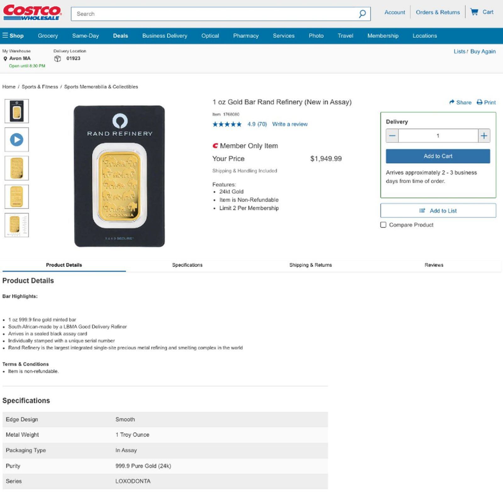 Lingote de oro a la venta en Costco es limitado (Foto: Costco)