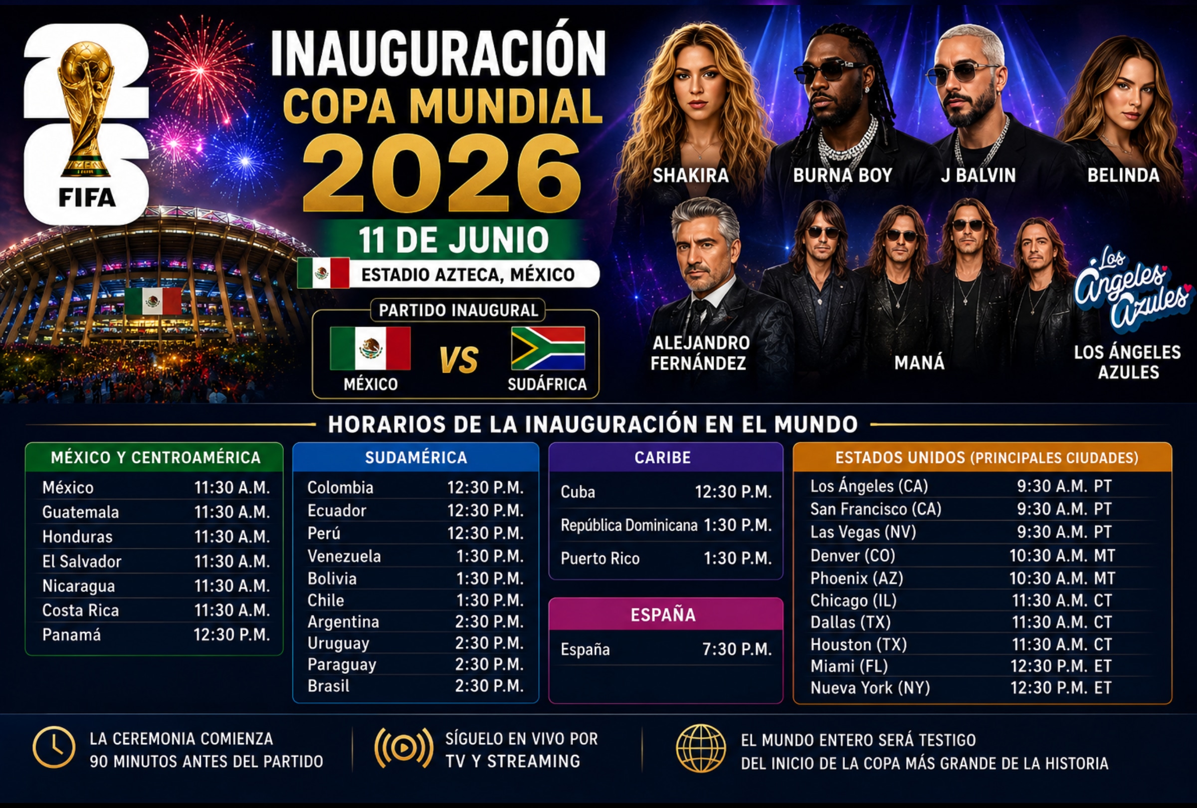 CIUDAD DE MÉXICO (MÉXICO), 11/06/2026.- Conoce el horario de la inauguración del Mundial 2026 en América y Europa. Tabla completa para México, Estados Unidos, Sudamérica, Centroamérica y España. FOTO DE NOÉ YACTAYO CREADA CON IA DE CHATGPT PARA DEPOR.COM