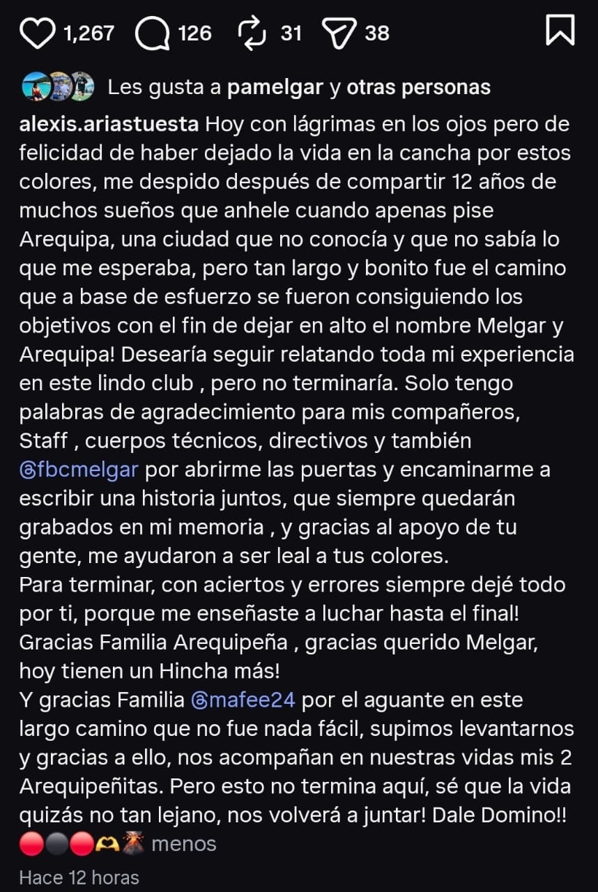 Alexis Arias se despidió de Melgar luego de 12 temporadas. (Captura: Instagram)