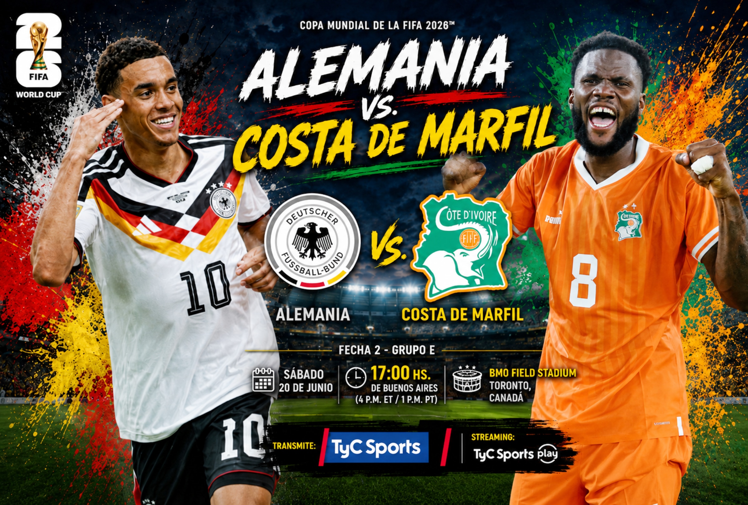 TORONTO (CANADÁ), 20/06/2026.- Cobertura oficial de TyC Sports EN VIVO ONLINE para ver el partido Alemania vs. Costa de Marfil hoy por la Jornada 2 del grupo E del Mundial 2026 en el BMO Field Stadium de Toronto, Canadá. FOTO DE NOÉ YACTAYO
