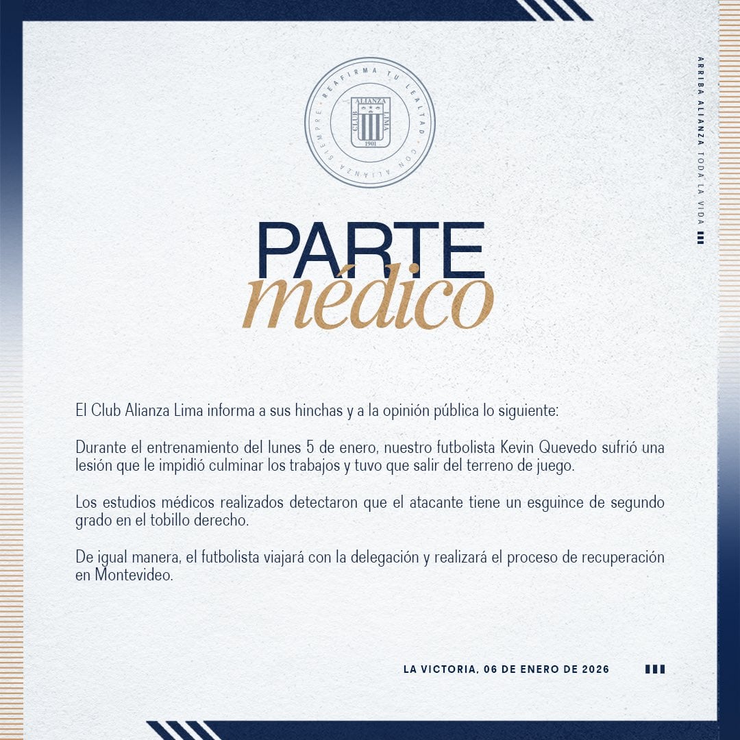 Parte médico de la lesión de Kevin Quevedo. (Foto: Alianza Lima)