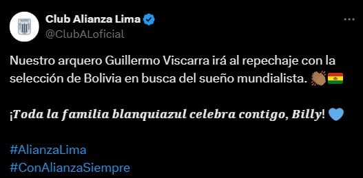 El mensaje de Alianza Lima a Guillermo Viscarra. (Foto: X)