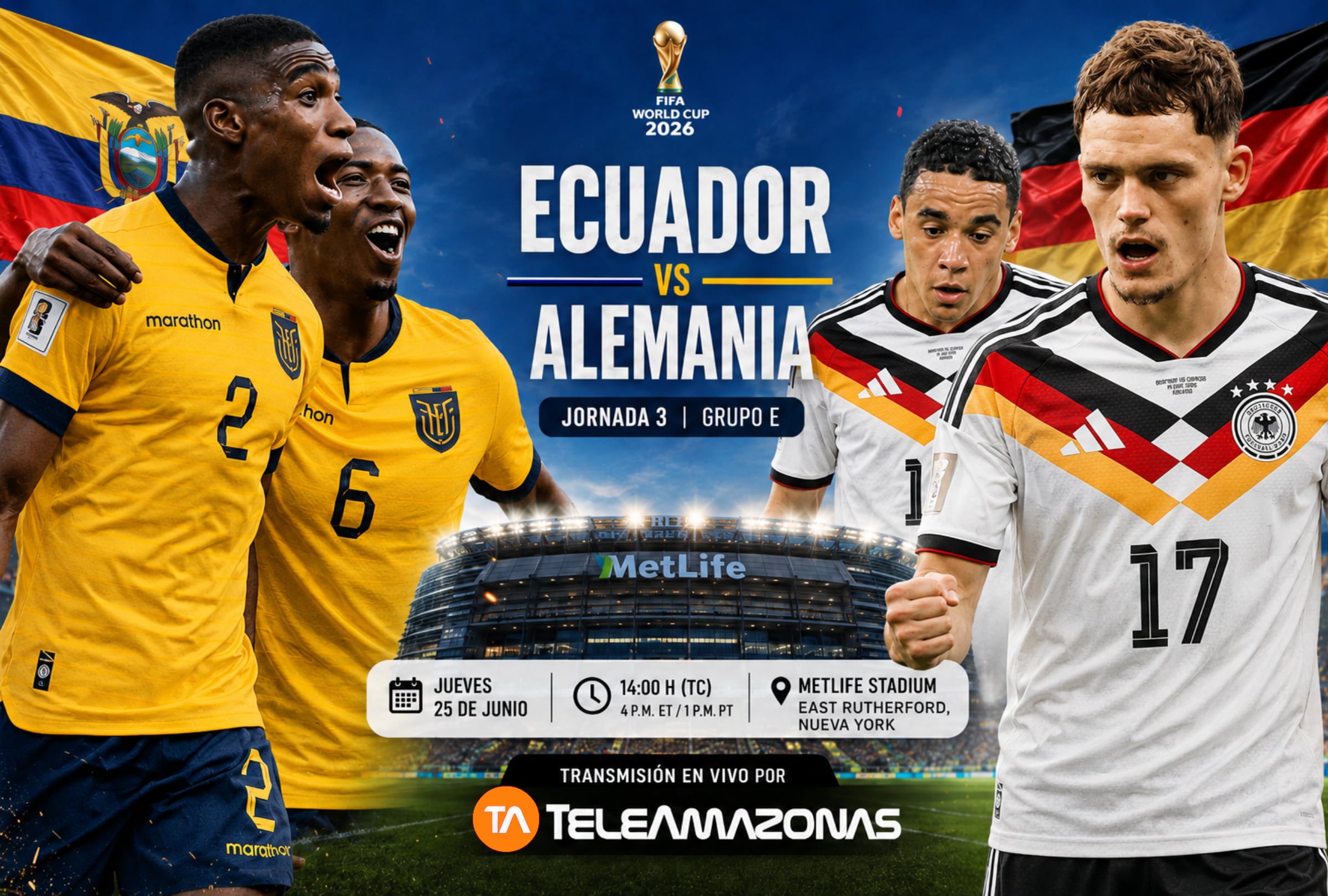 EAST RUTHERFORD, NUEVA YORK (ESTADOS UNIDOS), 25/06/2026.- Cobertura oficial de Teleamazonas EN VIVO GRATIS para ver el partido Ecuador vs. Alemania hoy por la Jornada 2 del grupo E del Mundial 2026 en el East Rutherford, Nueva York. FOTO DE NOÉ YACTAYO