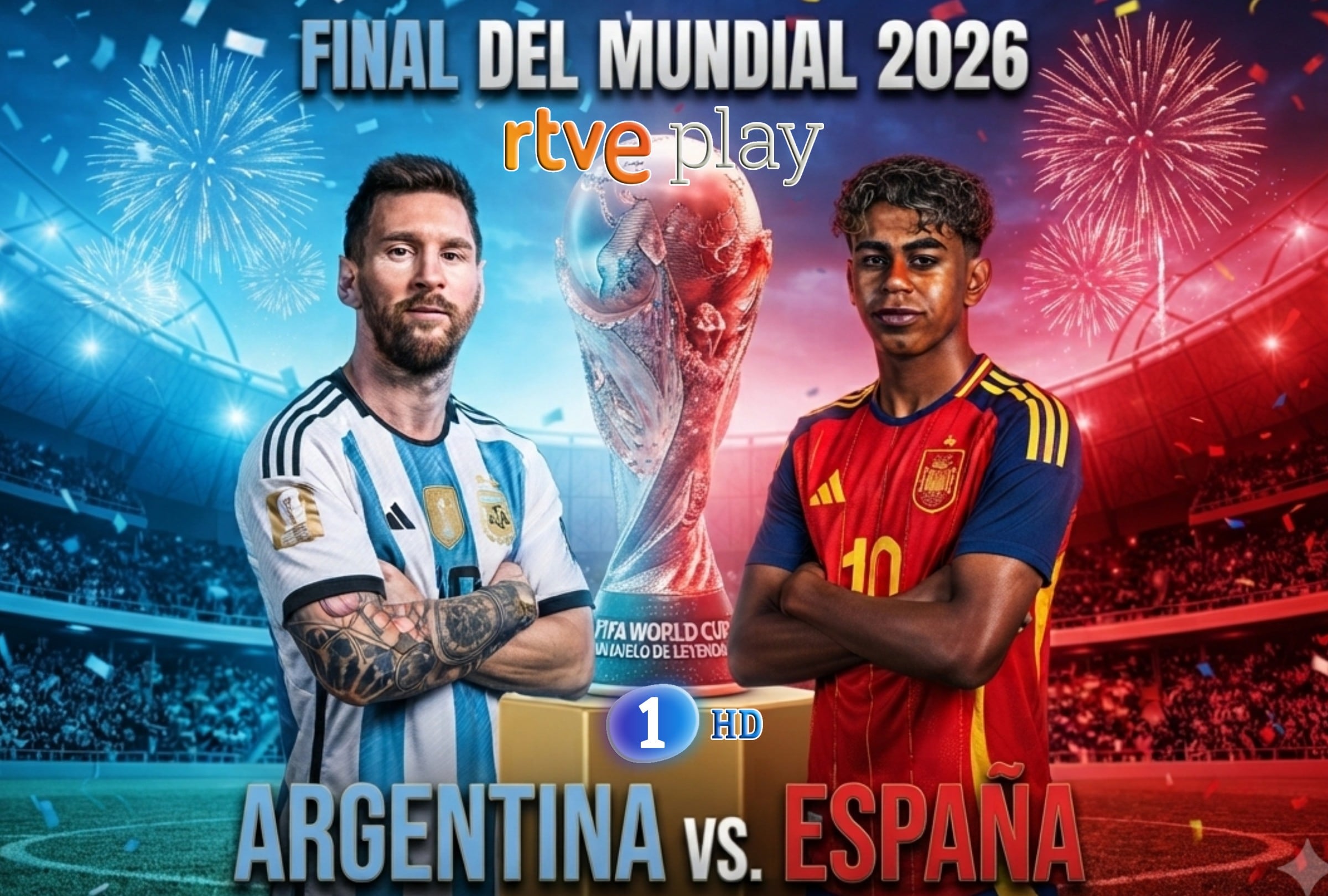 EAST RUTHERFORD, NUEVA YORK, (ESTADOS UNIDOS), 19/07/2026.- RTVE Play y La 1 HD EN DIRECTO la final del España vs. Argentina hoy domingo 19 de julio desde el MetLife Stadium, Nueva York (Nueva Jersey), Estados Unidos. FOTO: Imagen creada por Gemini.