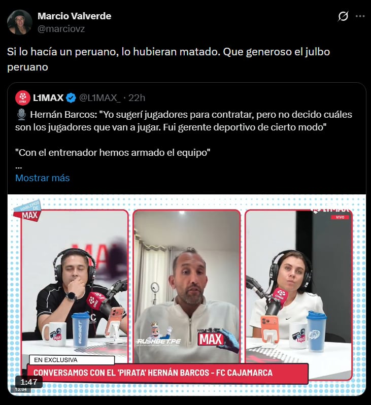 Marcio Valverde reaccionó frente a lo mencionado por Hernán Barcos. (Foto: Captura X)