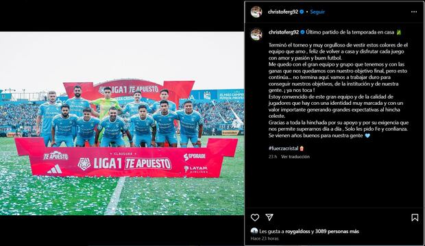 Christofer Gonzáles y su mensaje a los hinchas de Sporting Cristal. (Foto: Instagram).