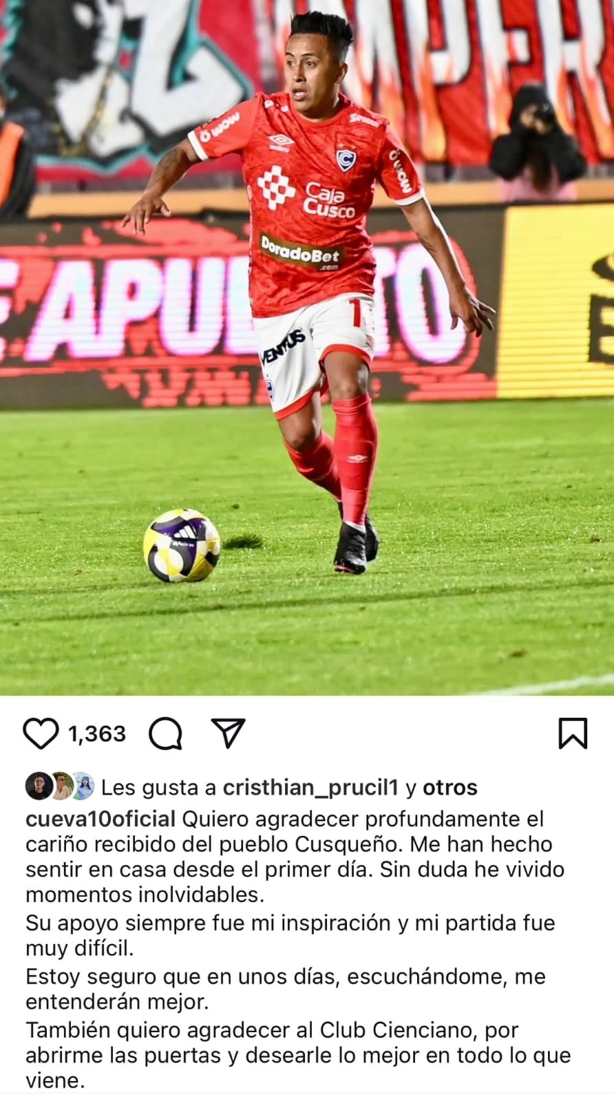 Christian Cueva se despidió de Cienciano. (Captura: Instagram)