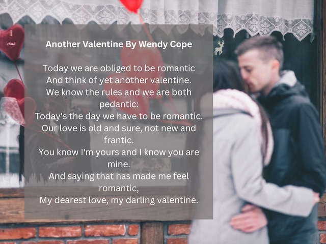 Today we are obliged to be romantic / And think of yet another valentine. / We know the rules and we are both pedantic: / Today's the day we have to be romantic. / Our love is old and sure, not new and frantic. / You know I'm yours and I know you are mine. / And saying that has made me feel romantic, / My dearest love, my darling valentine. | Photo by <a href="https://unsplash.com/es/@freestocks?utm_content=creditCopyText&utm_medium=referral&utm_source=unsplash">freestocks</a> on <a href="https://unsplash.com/es/fotos/hombre-y-mujer-besandose-Qx5QNarbrUM?utm_content=creditCopyText&utm_medium=referral&utm_source=unsplash">Unsplash</a>