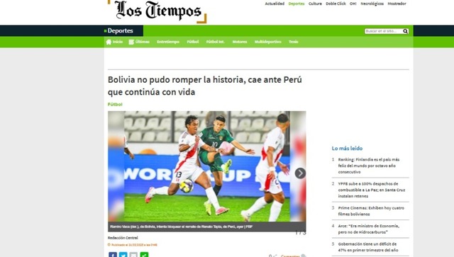 La reacción de la prensa internacional al triunfo de Perú sobre Bolivia. (Imagen: Captura)
