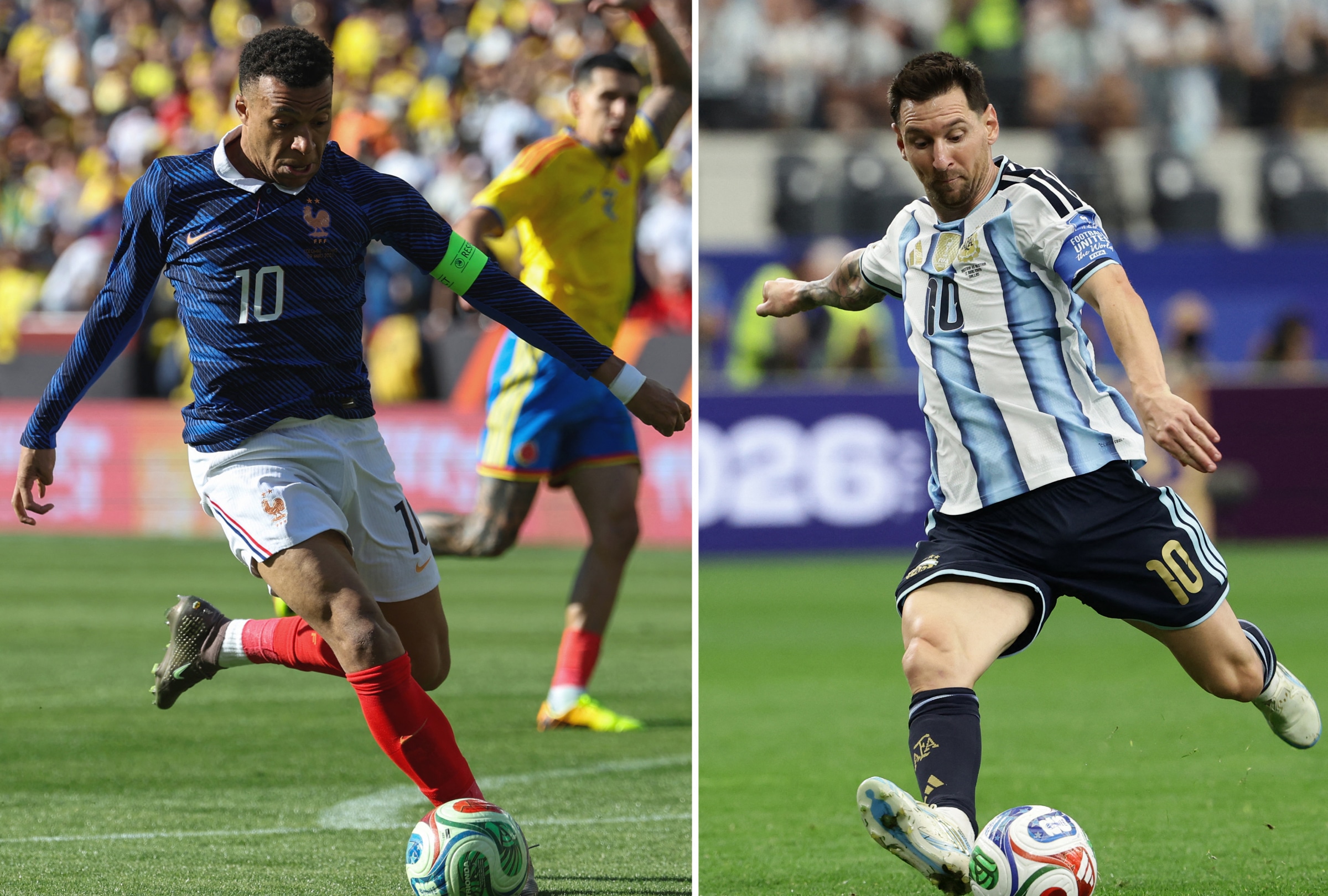 Kylian Mbappé, Lionel Messi, Erling Haaland, Harry Kane and Cristiano Ronaldo headline the race for the Golden Boot as the battle for the World Cup 2026 top scorer award intensifies. PHOTO BY FRANCK FIFE AND ARIC BECKER / AFP