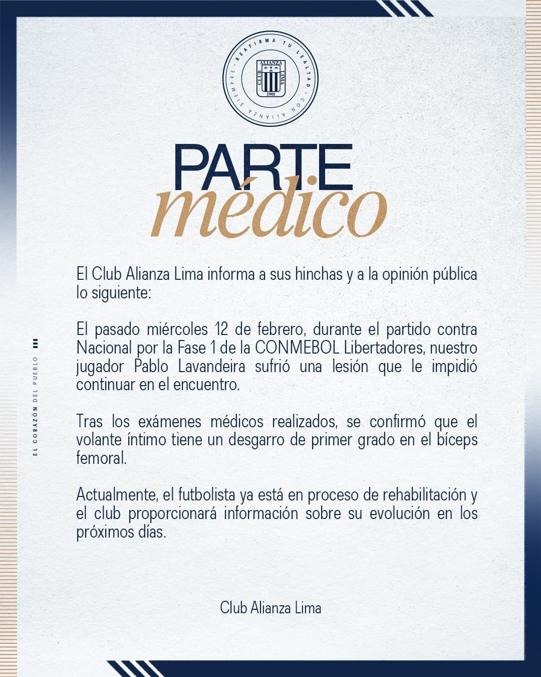 El parte médico de Alianza Lima sobre Pablo Lavandeira. (Imagen: Alianza Lima)