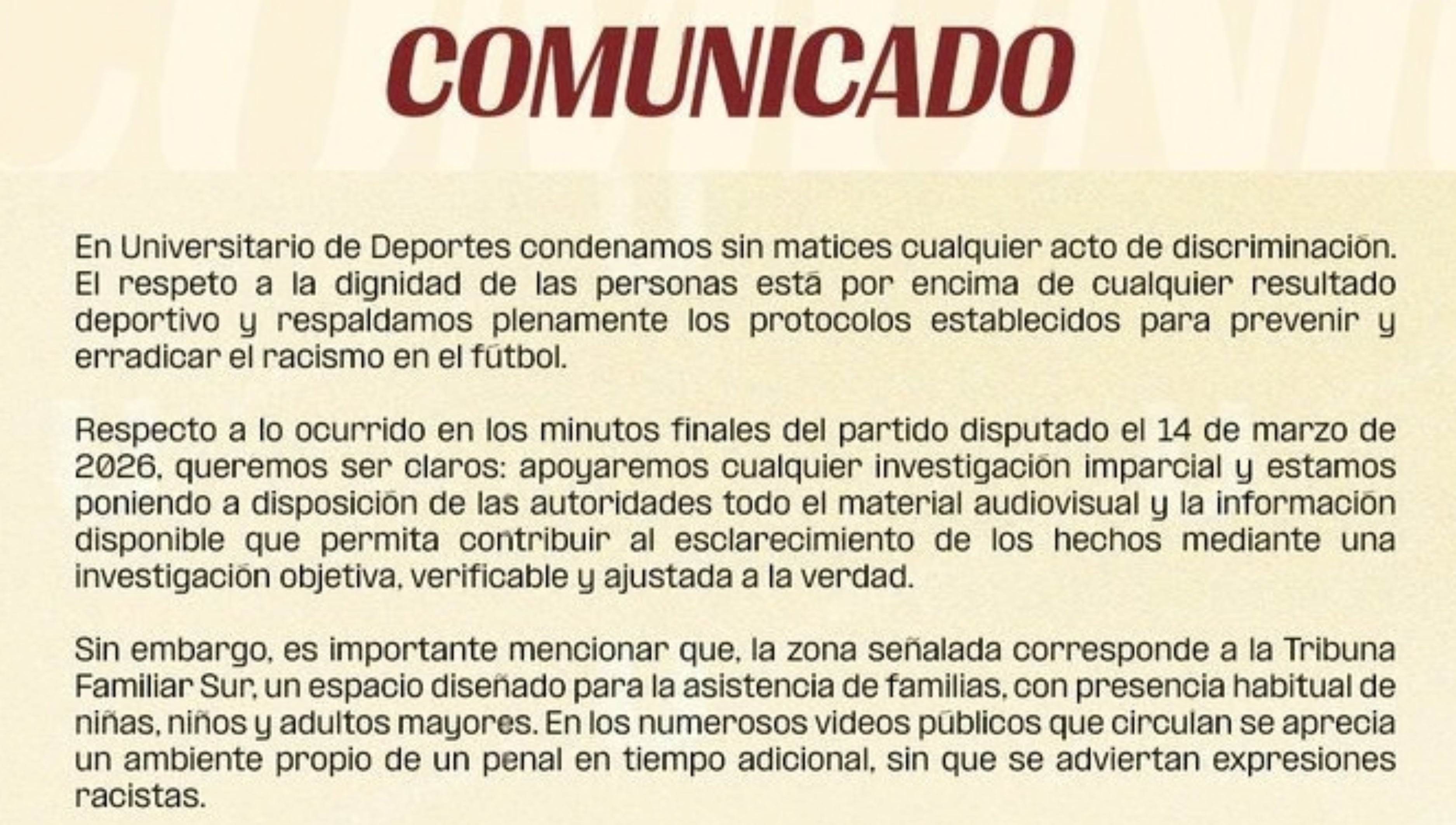 Comunicado de Universitario tras lo sucedido en el Estadio Monumental. (Foto: Universitario)
