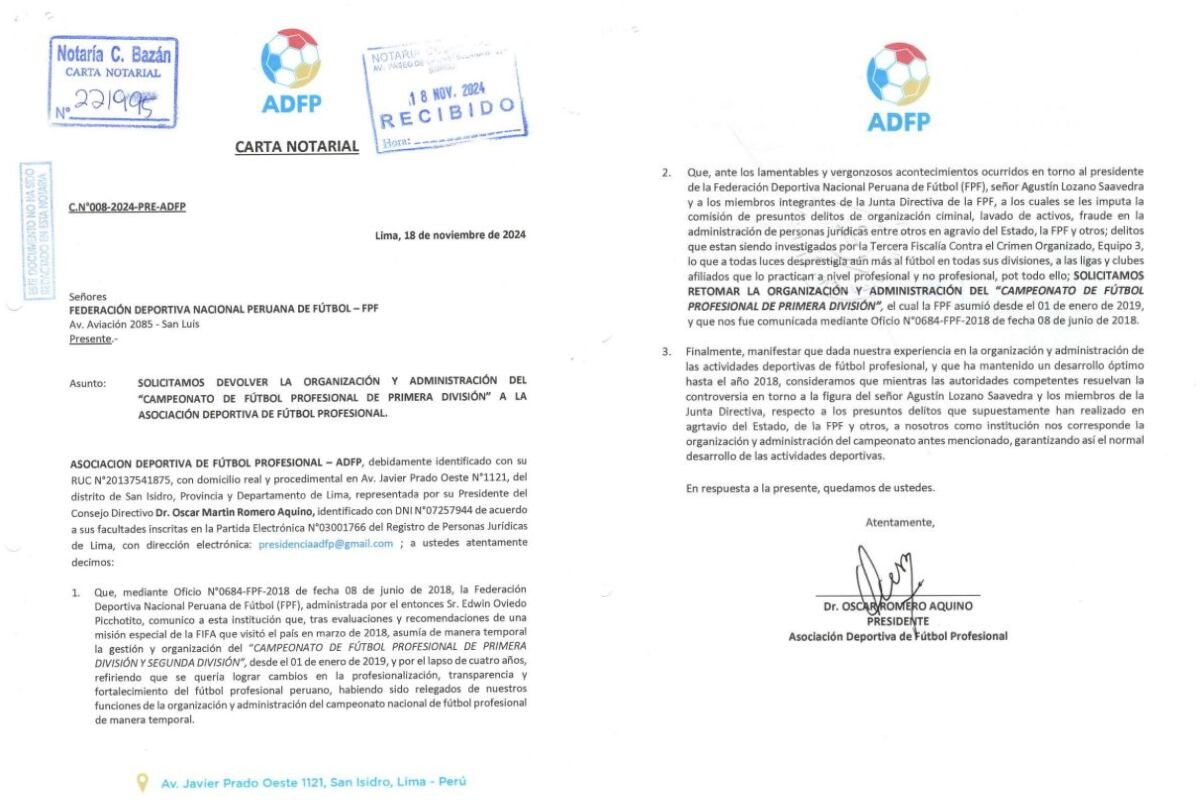 La Asociación Deportiva de Fútbol Profesional (ADFP), entidad que organizó el campeonato de Primera División hasta 2018, ha alzado la voz de manera oficial mediante una carta notarial enviada a la Federación Peruana de Fútbol (FPF).