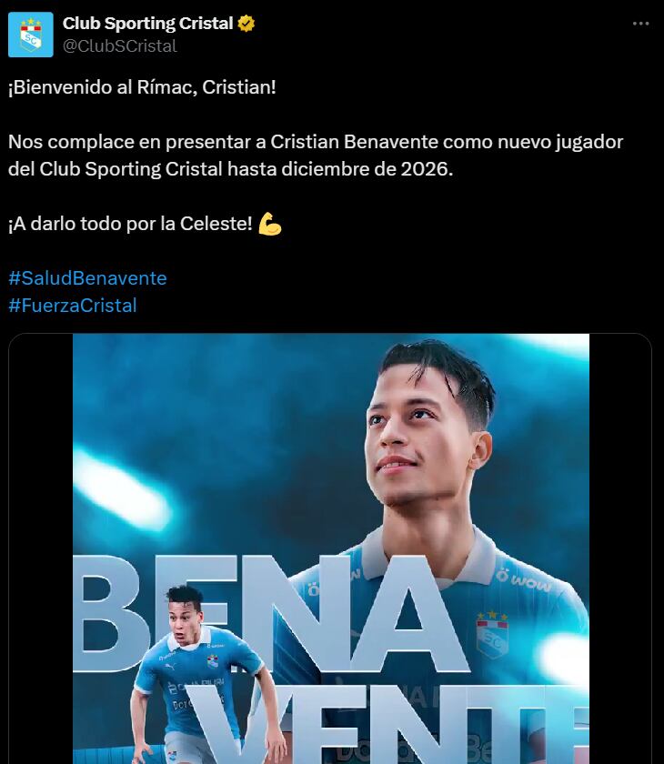 Anuncio oficial de Cristian Benavente en su regreso al fútbol peruano. (Foto: Captura Sporting Cristal)